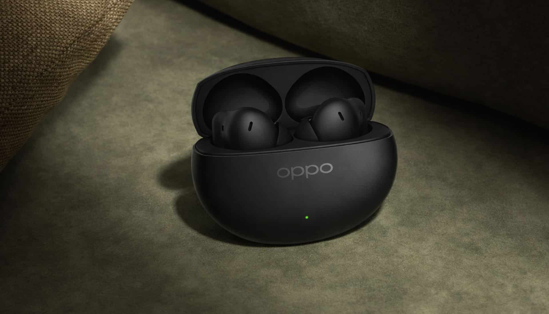 AI Earbuds OPPO Enco Air 5 Pro in black charging case on textured background